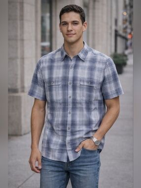 Cabela’s Plaid Button Up Shirt 2XL Men Blue Casual Outdoor Short Sleeve
